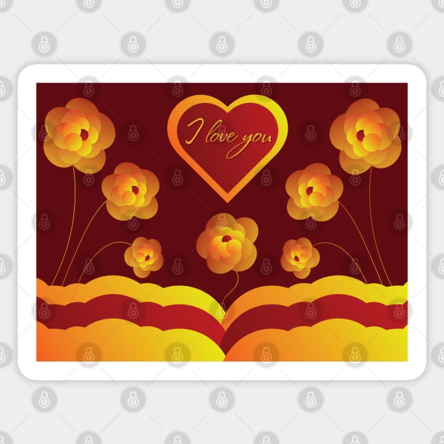 Golden flowers on a red background and a heart with the words "I love you". St. Valentine's Day Sticker by ClubFate